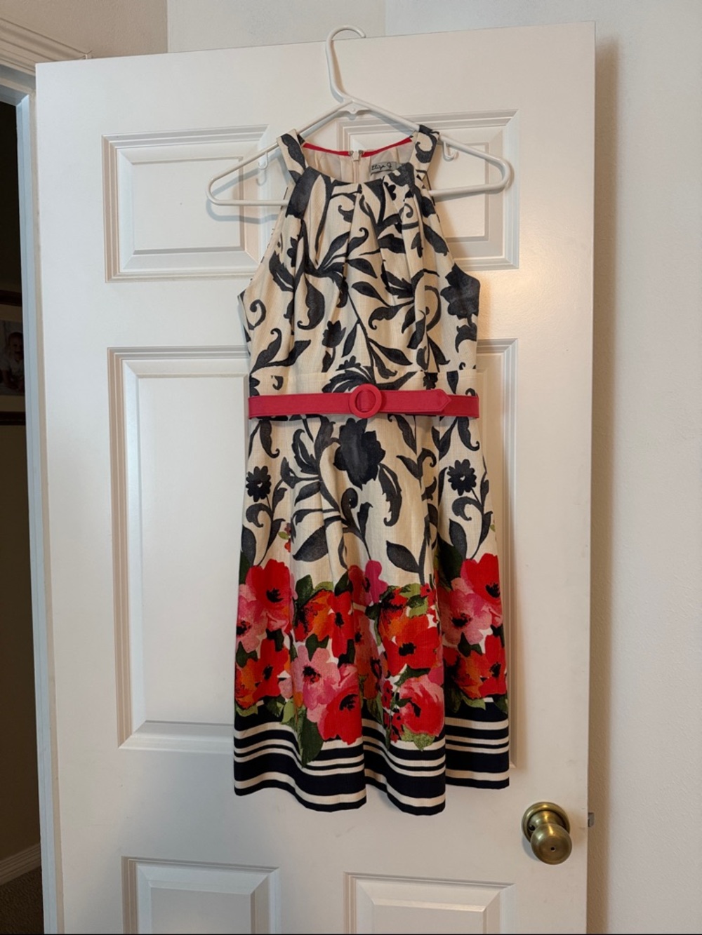 Eliza J Cream Floral sleeveless Dress with Black Vine Print & Coral Belt